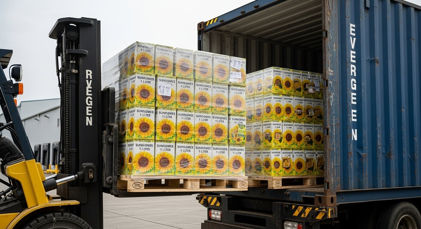 Illustrative palletized bottled sunflower oil prepared for export
