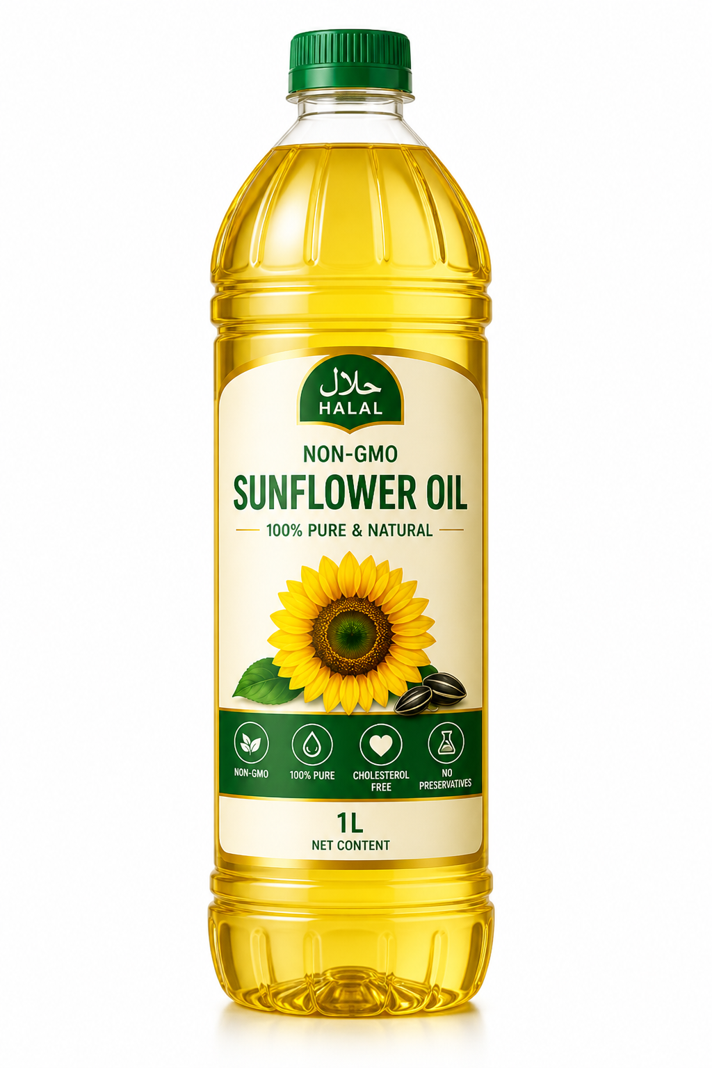 Halal refined sunflower oil in retail bottle packaging