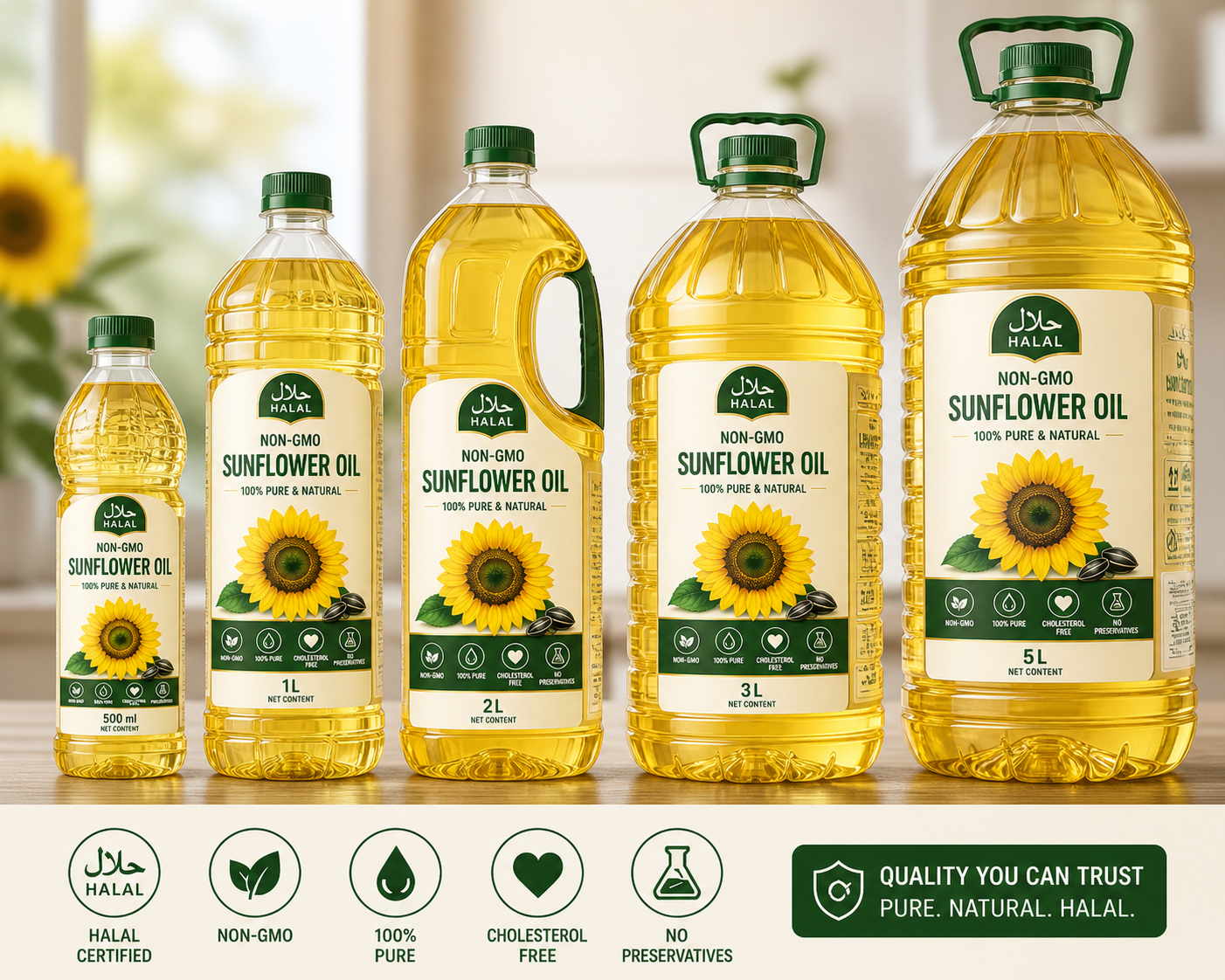Halal certified sunflower oil bottles and cartons for wholesale supply