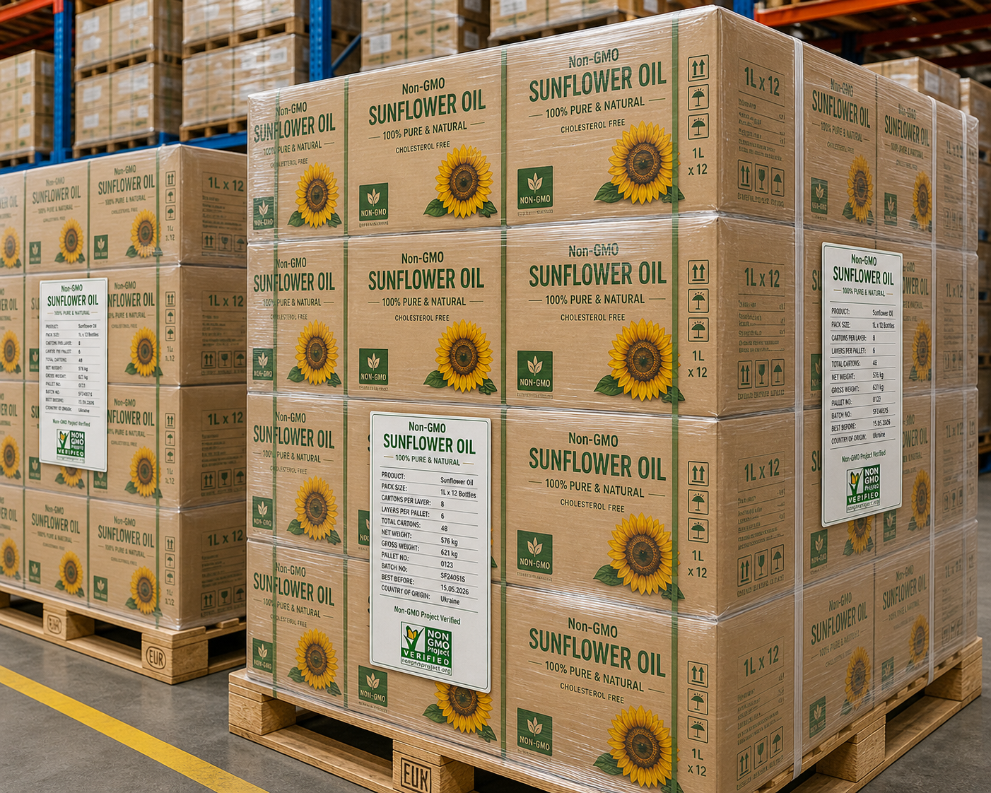 Palletized non-GMO sunflower oil for wholesale export