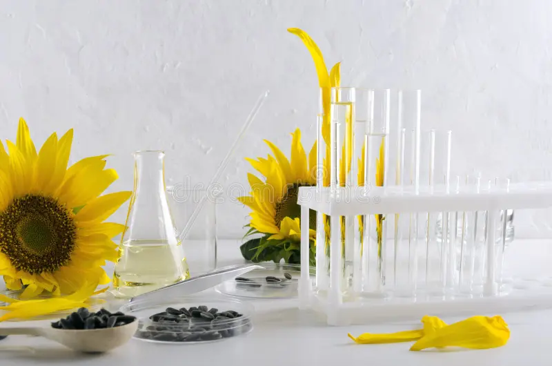 Sunflower oil quality control testing with laboratory glassware